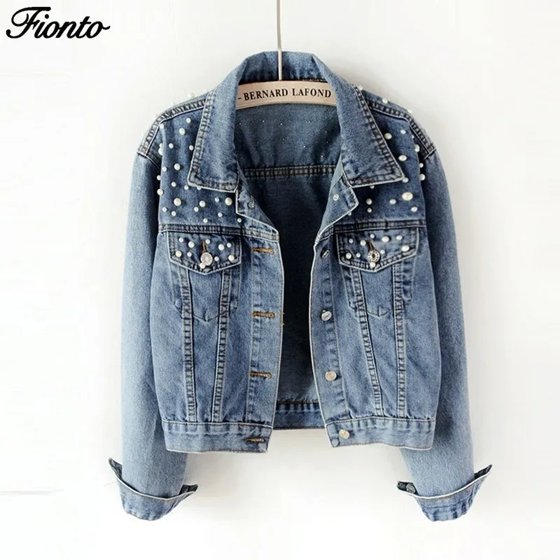 FIONTO Plus Size Pearl Beading Short Denim Jackets Women White Wash Long Sleeve Vintage Casual Jean Jacket Bomber Coat CA2320/5 CY200515