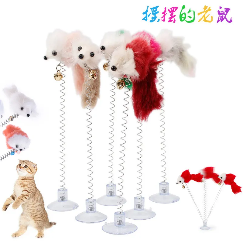 Funny swing spring Mice with Suction cup Furry cat toys colorful Feather Tails Mouse Toys for Cats Small Cute Pet Toys