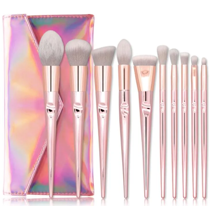 10pcs/set Makeup Brushes Set Foundation Blusher Make Up Brushes Set Cosmetics Soft Synthetic Hair With Laser PU Case