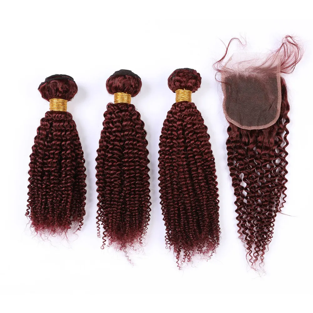 # 99J Burgundy Röd hårbuntar och stängning Kinky Curly Lace Closure med Weaves Wine Red Malaysian Curly Human Hair Extensions med stängning