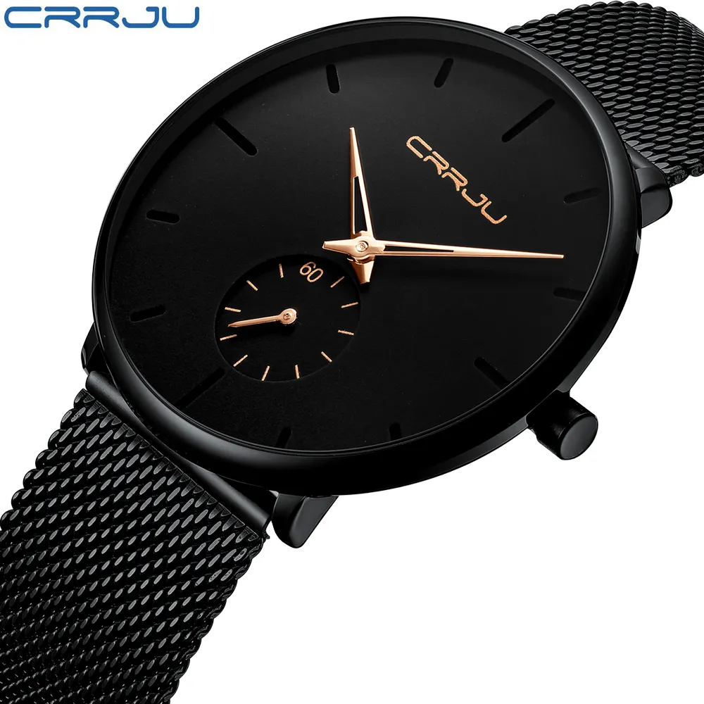 Crrju Top Brand Luxury Quartz Watch Men Casual Black Japan Quartz-Watch rostfritt st￥l Face Ultra Thin Clock Man Relogio Ny