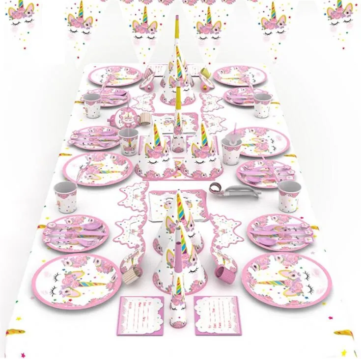 어린이 생일 파티 장식 용품 90pcs 다채로운 유니콘 테마 식탁 식기 세트 냅킨 컵 식탁보 깃발 파티 선물 세트 팩