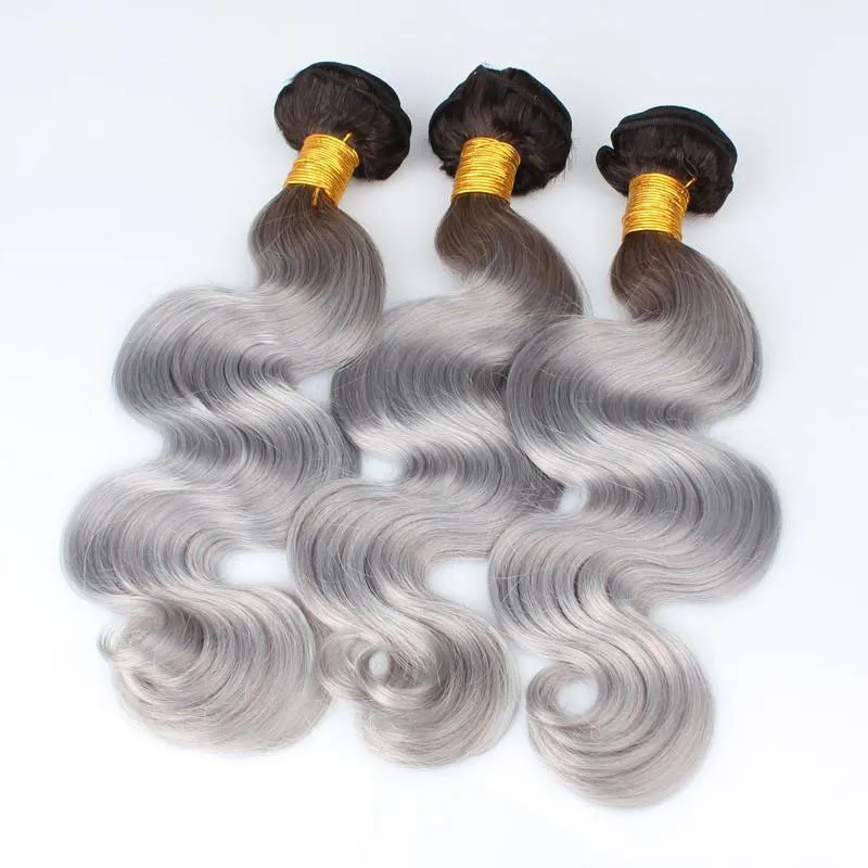 Ny ankomst # 1b / grå 100% jungfru mänskligt hår vågigt 7a brasiliansk kroppsvåg silver grå hår väv 3 st / lot ombre hårförlängningar
