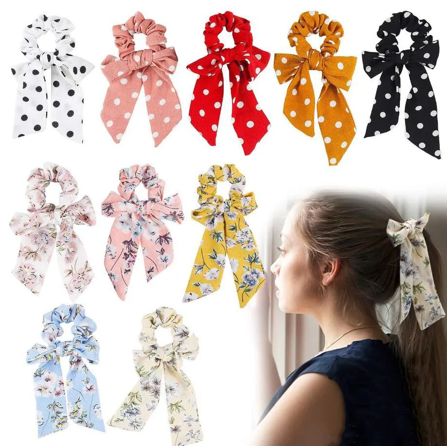 INS Chiffon Summer Bright Rose Floral Hair Scrunchies Women Accessories Hair Bands Ties Ponytail Holder Rubber Rope Decoration Long Bowknot