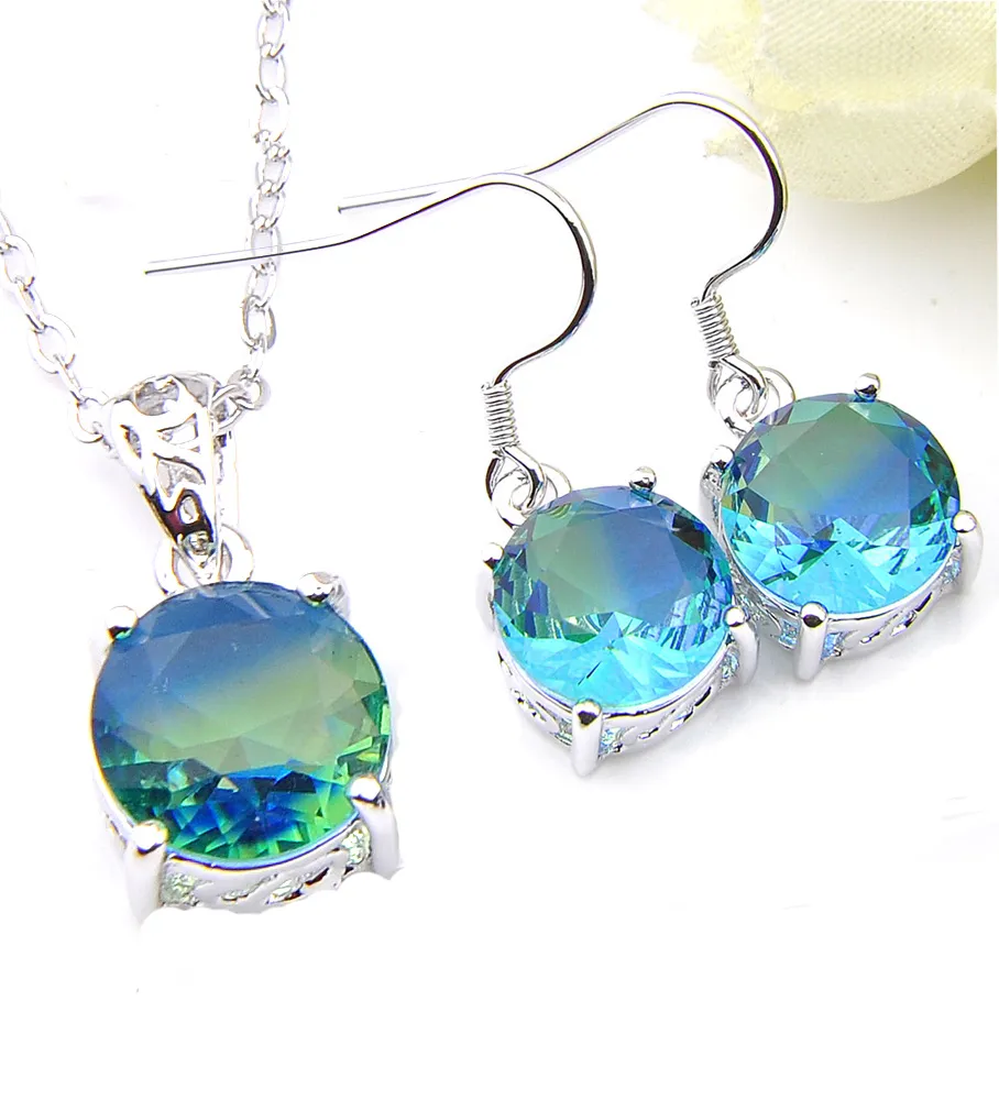 Luckyshine 925 Sterling Silver Plated Smycken Satser Runda Bi Färgade Tourmaline Gem Pendants Drop Earrings Smycken Set för Kvinnor Gratis Shippin