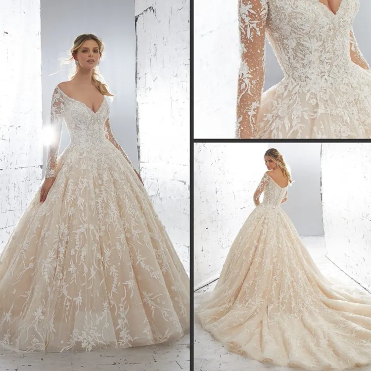 Sweet Champagne 2019 Ball Abiti da sposa Appliques in pizzo Abiti da sposa lunghi Sweep Train Abito da sposa aperto sul retro