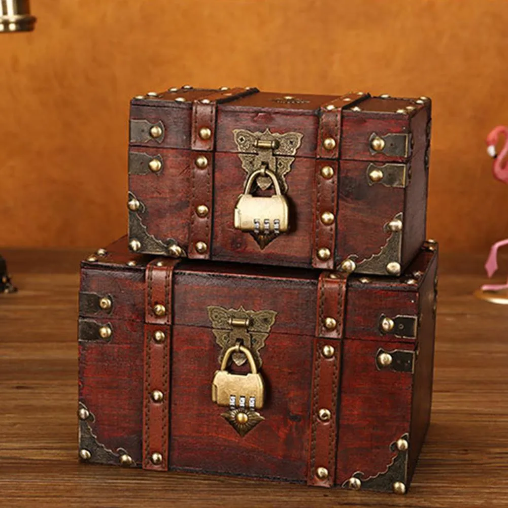 1L Vintage Trunk Wooden Storage Box Case Organizer Container Retro Style Leather Treasure Chest Decorative Box 2 Size Chest