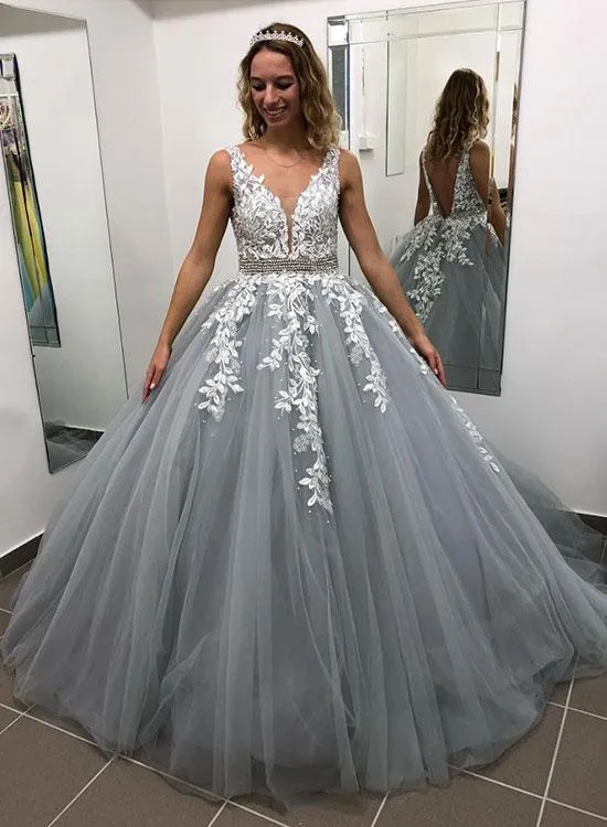 White and Gray Tulle Ball Gown Prom Dress with V Neck Sheer Straps Appliques Lace Beading Floor Length Backless Plus Size