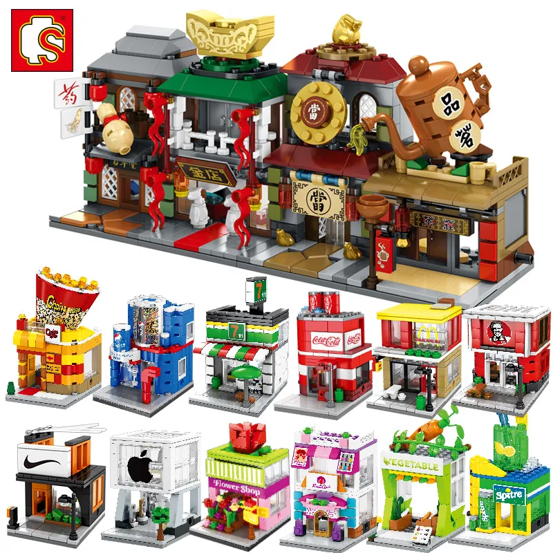 SEMBO Mini Street Store Building Blocks Cute Micro Shop Model Bookstore Drinks Shops Assembly Bricks Children Education Christmas Gifts Birthday Toys For Kids