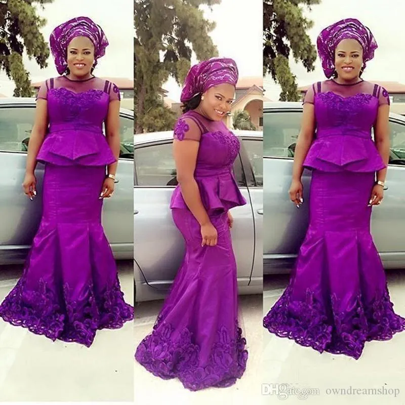 ASO EBI African Purple Evening Dresses with Peplum Mermaid Sheer Neck Cap Sleeve Long Party Gowns Plus Size