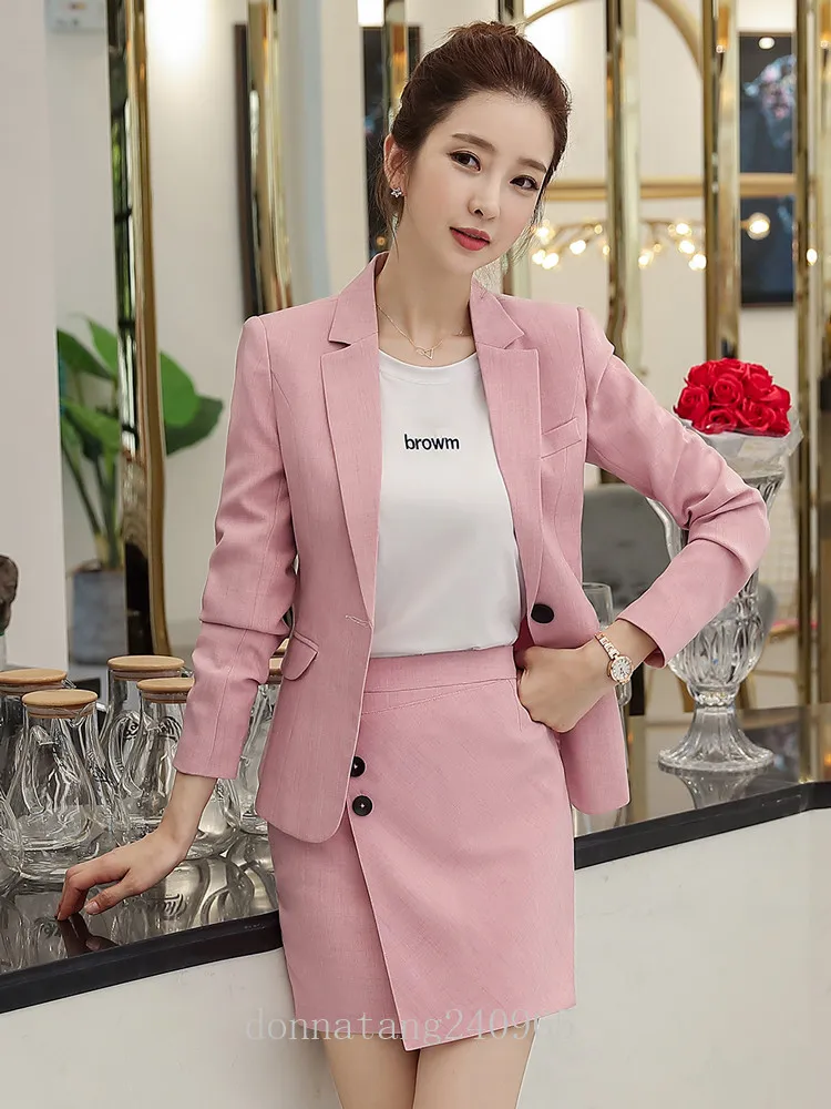 BS1986 Office Ladies Pink Blazer Skirt Suit Women Jackets Long Sleeve ...