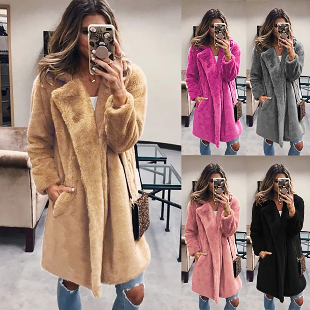 Women's Fuzzy Fleece Lapel Coat - Winter Open Front Long Cardigan With Faux Fur Teddy Plush