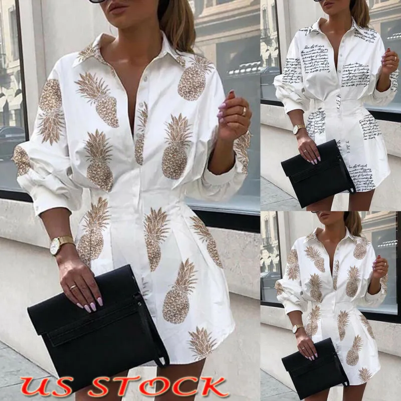 Casual Dresses Women V Neck Long Sleeve Pineapple Print Blouse Button Down Top Shirt Loose Mini Dress Top1262T