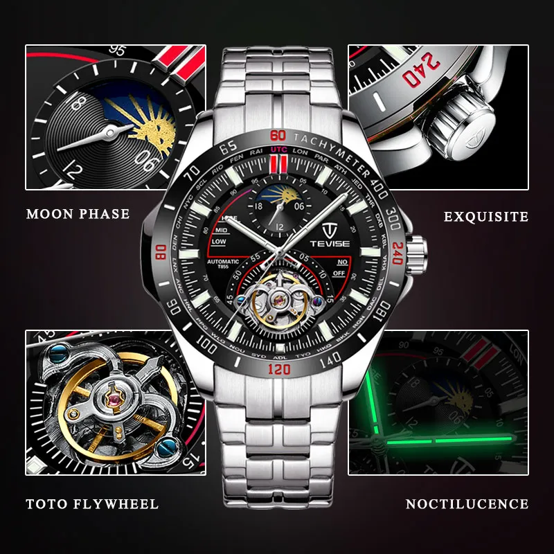 Tevise mode heren skeleton tourbillon zakelijke roestvrij stalen horloges mannen automatische mechanische polshorloge relogio masculino