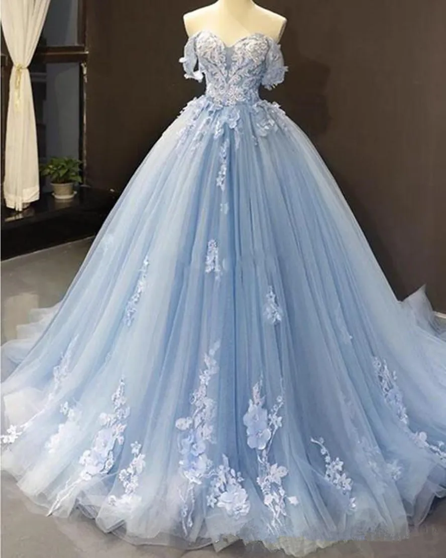 Yeni Gerçek Görüntü Prenses Düğün Quinceanera Modelleri A Hattı Kapalı Omuz Dantel 3D Aplike Sweet 16 Önlük Tren Backless Gelin Gowns Sweep