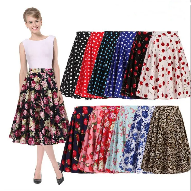 Kobiety Ubrania 50. Rockabilly Swing Spódnice Jupe Polka Dot Foral Drukowane Spódnica Linia Slim Mini Sukienki High Pa Vintage Retro Spódnica B5788