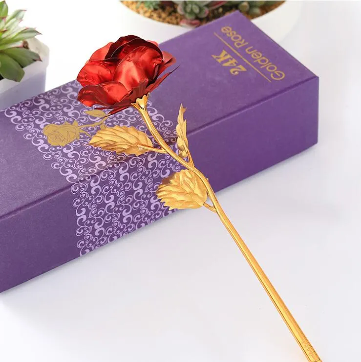 Artificial Long Stem Flower 24k Gold Foil Plated Rose Gifts for Lover Wedding Christmas Valentines Mothers Day Home Decoration LXL837-1