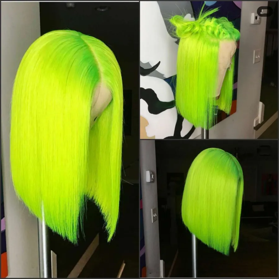 Green color Short Straight Lace Front Wigs Short Bob Natural Synthetic Wig for Black Women Heat Resistant Fiber Hair Free Part