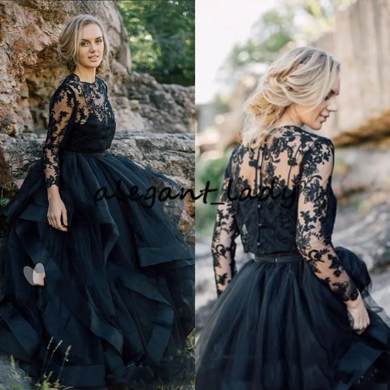 País Preto vestidos de casamento gótico Sheer Neck Lace Bohemia Vestido de Noiva baratos Ruffles manga comprida vestes de mariée