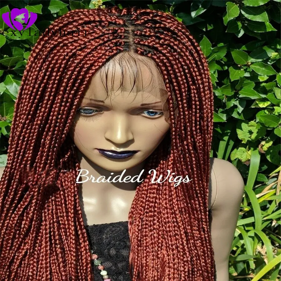 Copper Red Cornrow Braids Crochet Wig, Micro Braids Full Lace Front  Synthetic Wigs for Black Women, African American Box Braided Wigs