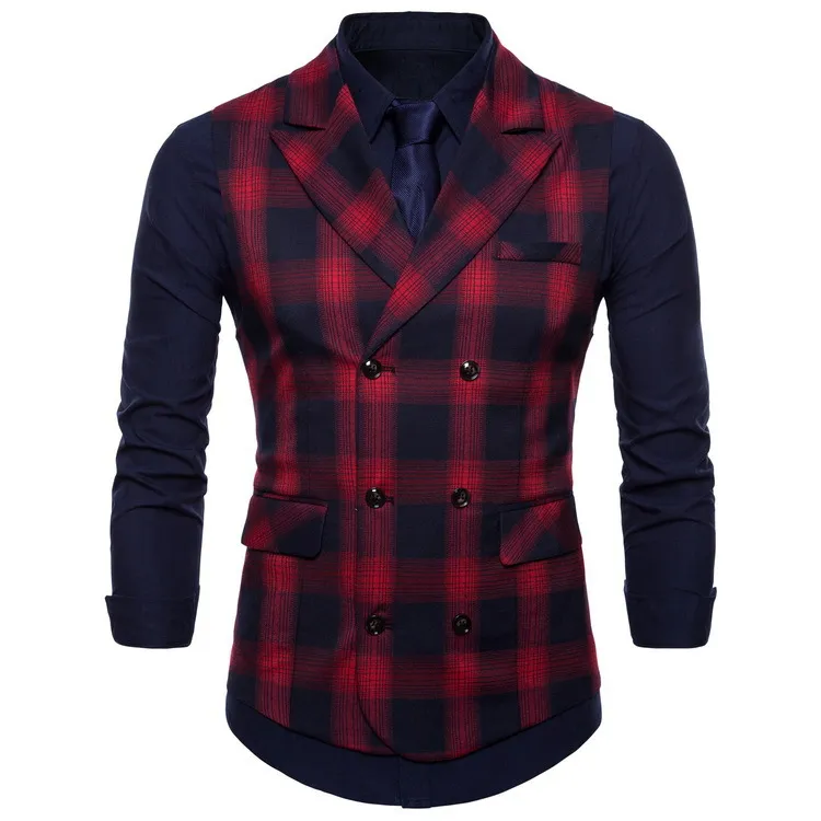 Mens Plaid Business Suit Vest Men Cotton Cardigan Slim Vest For Male Black Red Green Spring M-4XL262Q