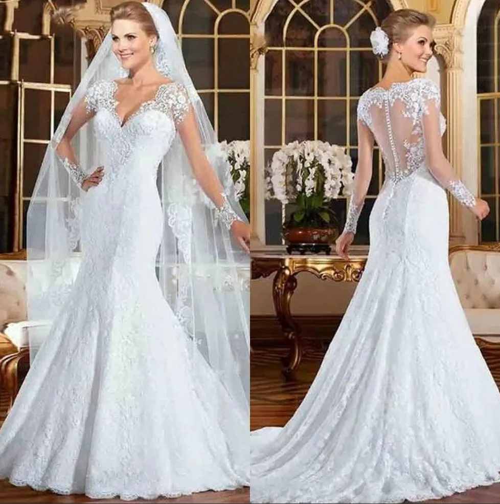 Vestidos de novia Düğme Kapalı Geri Gelinlik BC2827 ile 2020 Yeni Modest Uzun Kollu Denizkızı Gelinlik Seksi V Yaka Aplikler