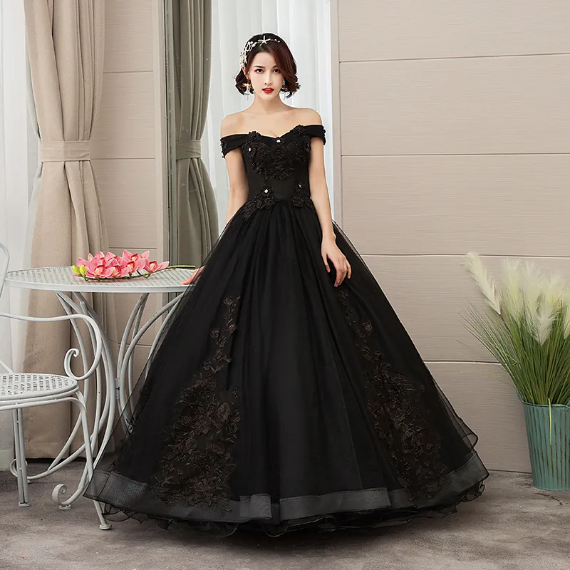 Robe de bal noire robes de mariée gothiques sur l'épaule longueur au sol longue princesse dentelle perlée appliques tulle robe de mariée noire non blanche