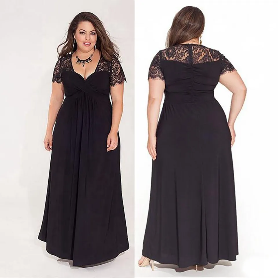 Black Plus Size Women Evening Dresses Latest Red Chiffon and Lace V Neck Short Sleeves Zipper Back Formal Prom Gowns Customize SD3437