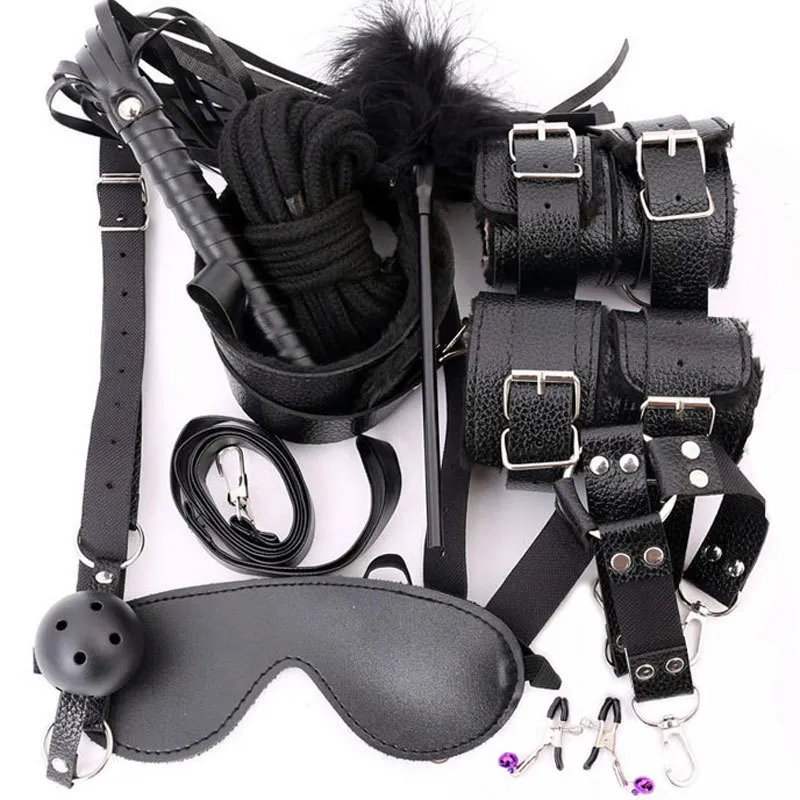 10 Stück PU-Leder Sexspielzeug für Erwachsene BDSM Bondage Set Mundknebel Sex Hände Fow Frauen Peitsche Seil Erotik Sexy Dessous Kostüme C18122601