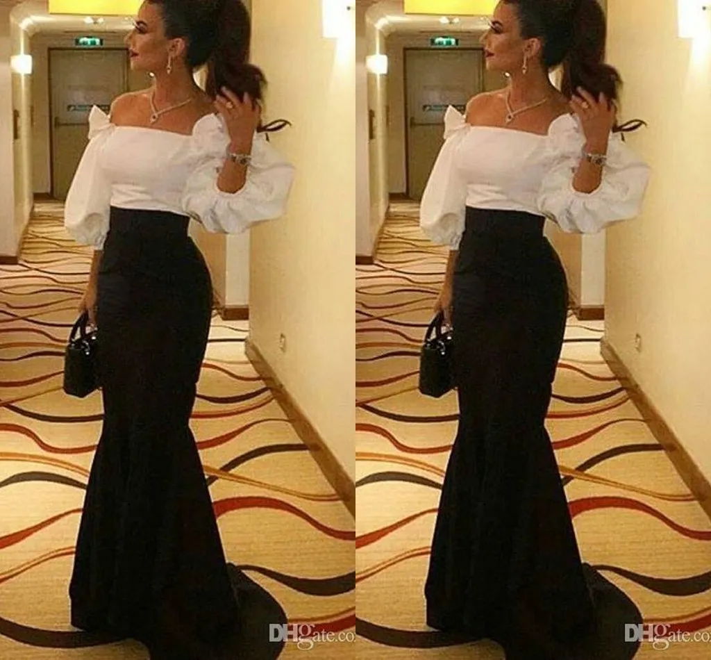 Cheap Black and White Mermaid Evening Dresses Off Shoulder Bateau Neck Puffy 3/4 Sleeves Floor Length Formal Dress Prom Evening Gowns