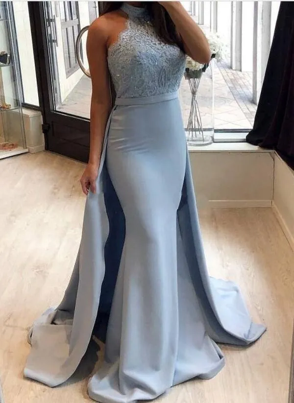 2019 Sexy Lumière Ciel Bleu Sirène Robes De Bal En Dentelle Appliques Halter Overskirt Sans Manches Balayage Train Moyen-Orient Parti Robes De Soirée Porter