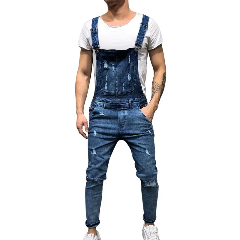 패션 남성 찢어진 청바지 Jumpsuits 거리 고민 된 구멍 데님 턱받이 바지 남성 스스 센더 바지 크기 m-xxl