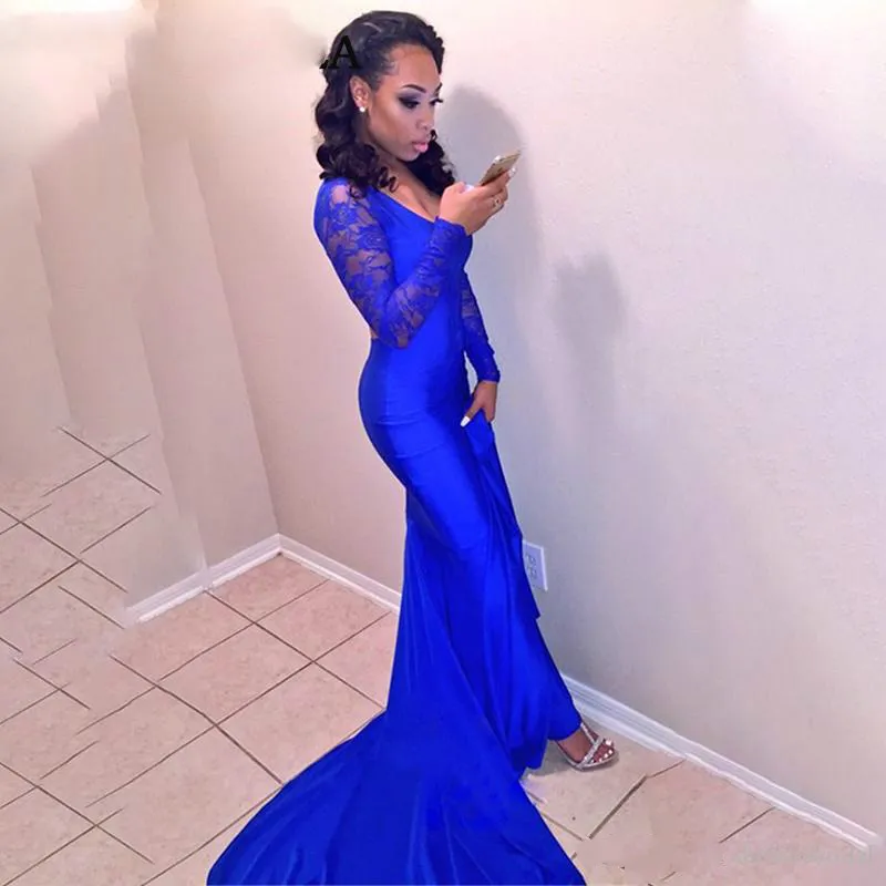 Royal Blue Mermaid Graduation Dress with Lace Blue long sleeve for African Black Girls - Perfect for Evening Parties and Pageants (Style 0510) Royal Blue Mermaid Graduation Dress with Lace Blue long sleeve for African Black Girls - Perfect for Evening Parties and Pageants (Style 0510)