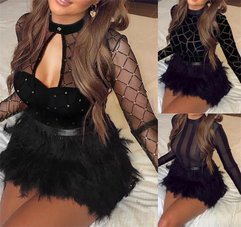 Casual Dresses Sexy Women Mesh See Through Long Sleeve Dress Clubwear Fur Patchwork Trutleneck Bandage Bodycon Evening Party Short Mini