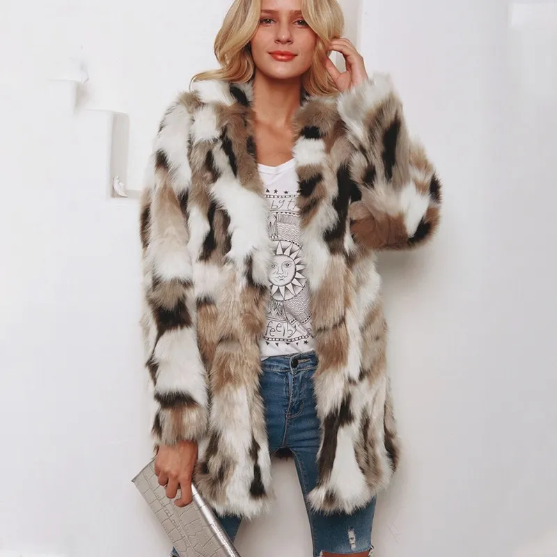 Plus Size Fashion Faux Fur Coat Women Winter Long Coat Autumn Warm Soft Leopard Print Jacket Female Overcoat Outerwear