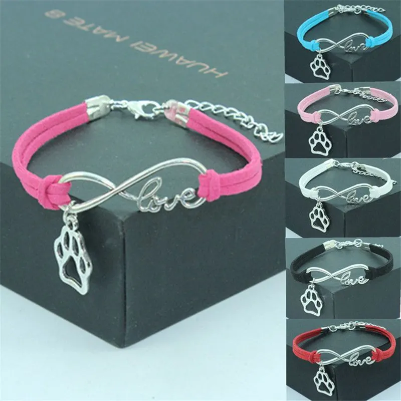 스웨이드 가죽 랩 팔찌 쥬얼리 Infinity Love Dog Paw Print Charms Silver Number Fashion Metal Alloy Hollow Bangles 여성을위한 선물