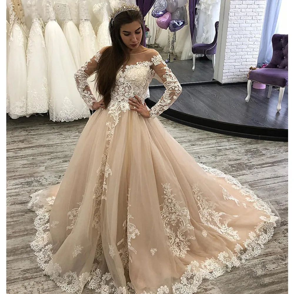 champagne lace long sleeve wedding dress