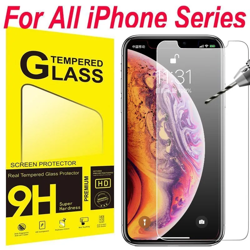 Filme de vidro protetor de tela temperado para iPhone 15 plus x xr xs 11 12 13 14 pro max samsung telefone android com pacote de varejo