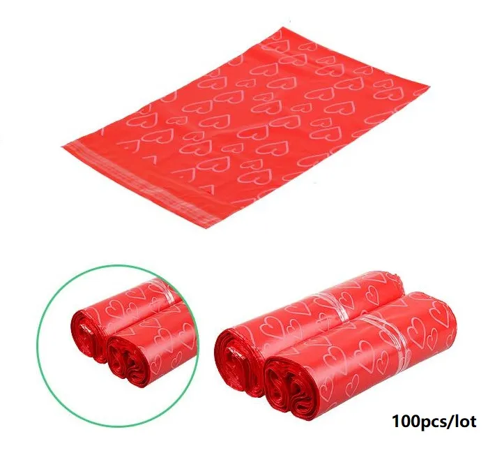 Red Poly PE Mailer Express Bag 38*52cm Mail Bags love heart Envelope Self-Seal Plastic bags Mailing bags for Jewelry girl's gift 100Pcs
