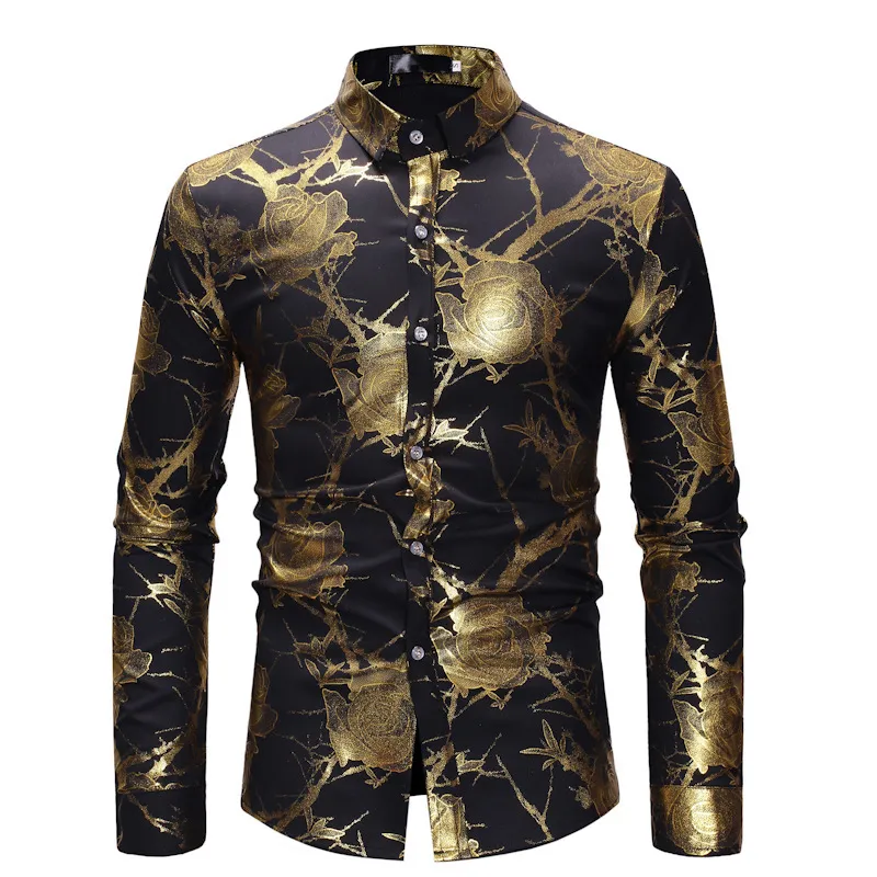 ZEROYAA Men's Gold Rose Print Slim Fit Long Sleeve Dress Shirt - Purple