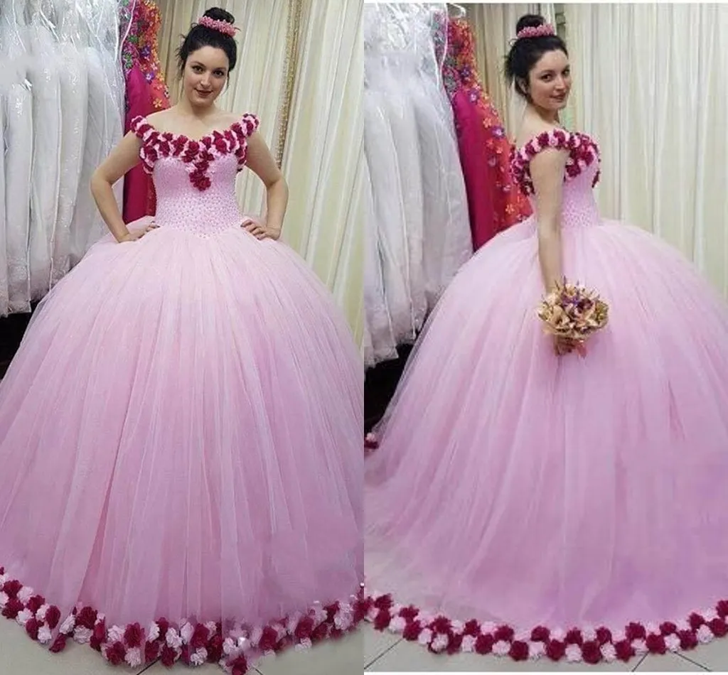 2020 Nouveau rose rouge fait à la main fleurs robe de bal robes de mariée bateau décolleté corset dos robe de soirée pour douce 16 filles mariée longue