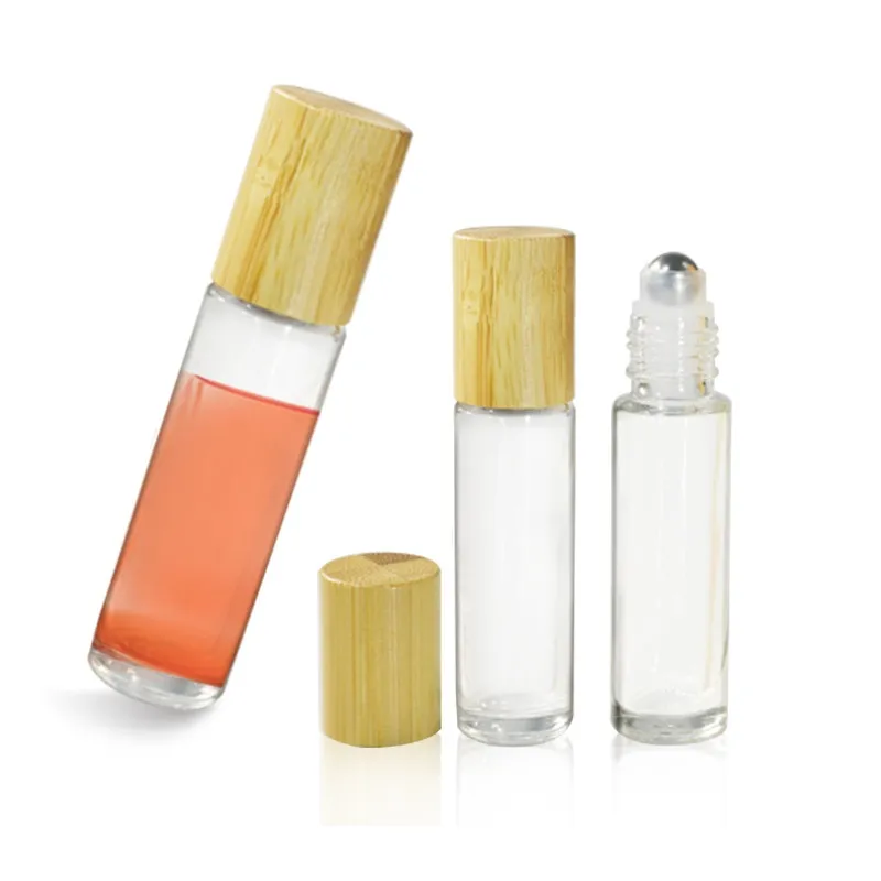 10ml Essential Oil Bottle Clear Glass Roll On Bottle with Natural Bamboo Cap Stainless Steel Roller Ball WB2006