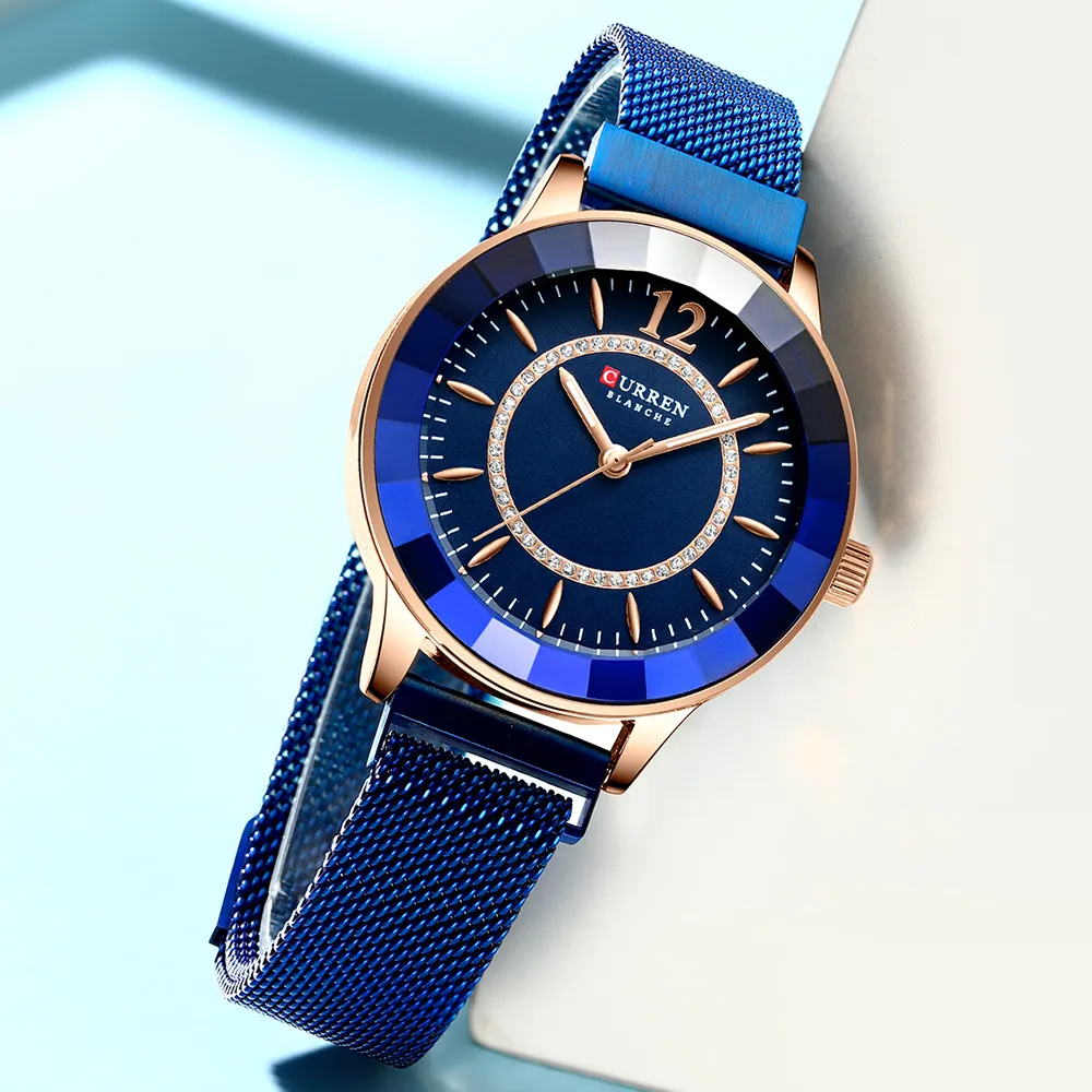 CURREN Nieuwe Strass Mode Quartz Mesh Stalen Horloge voor Vrouwen Causale Blauwe Dameshorloge bayan kol saati Stijlvolle Luxe Clock251P