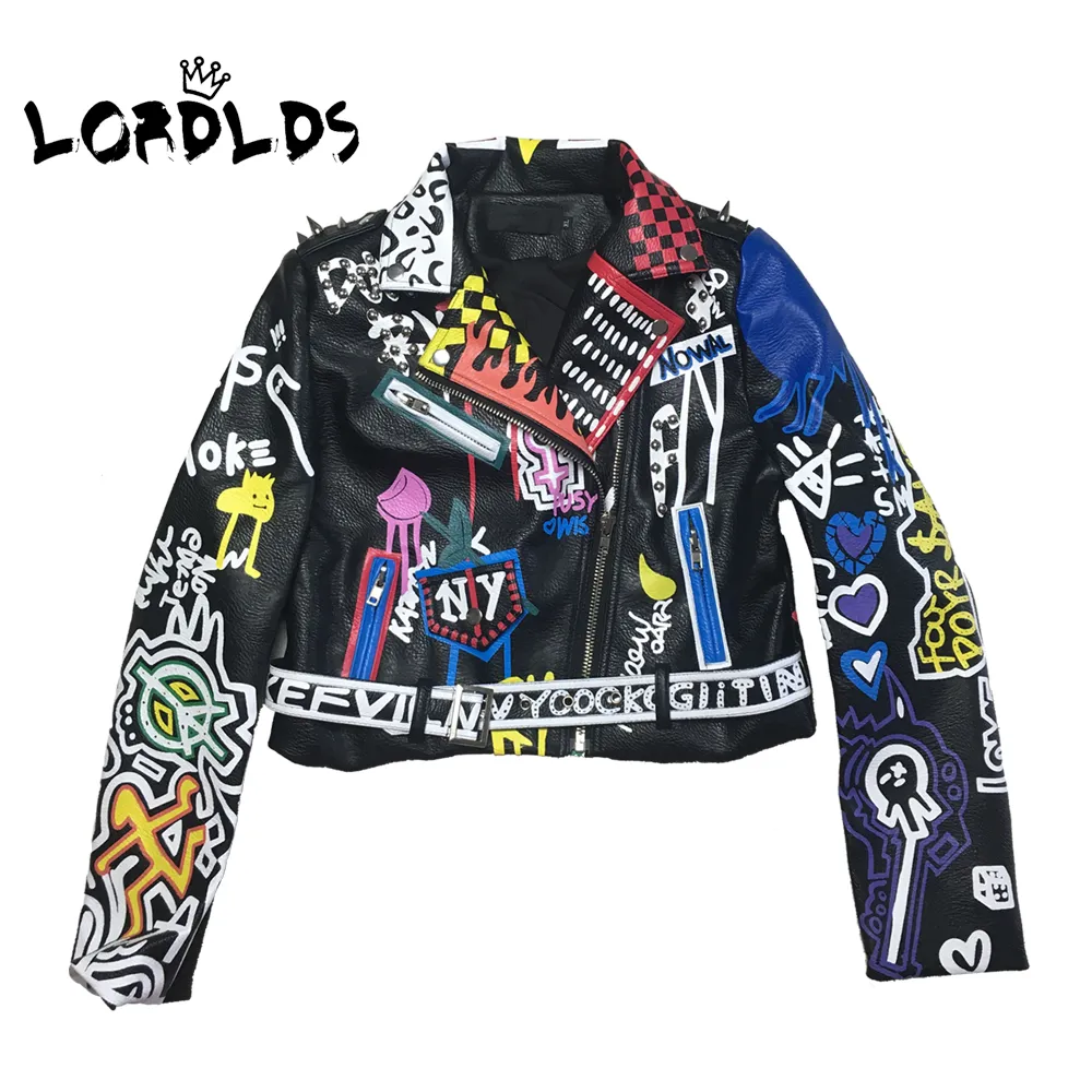 LORDLDS 2019 Leather Jacket Women Graffiti Colorful Print Biker Jackets and Coats PUNK Streetwear Ladies clothes