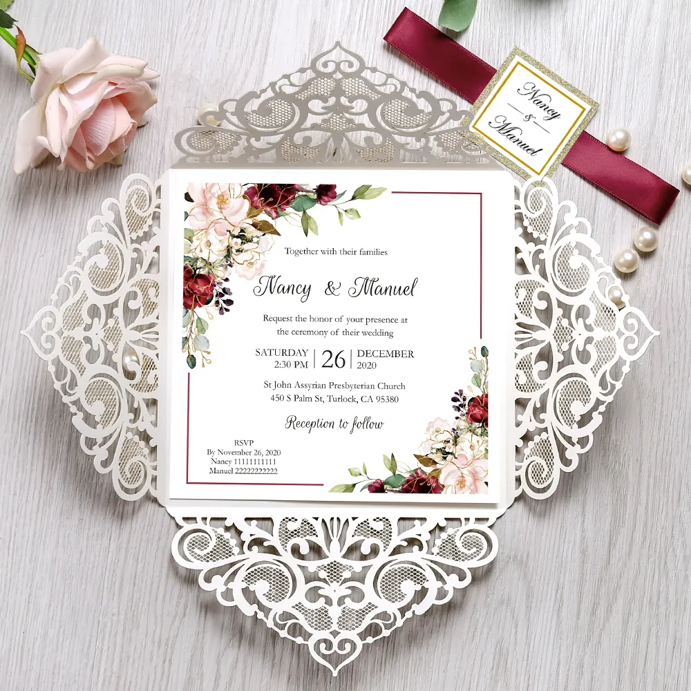 Laser Cut Vintage Wedding Engagement Invitation Cards Free Personalized Printing 