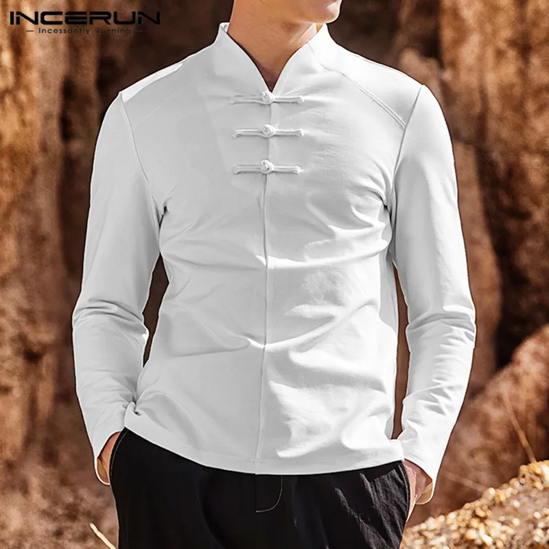 Solid Färg Män Långärmad T-shirt V V Neck Bomull Linen 2019 Vintage Button Kinesisk stil Män Kläder Casual Shirts S-3XL 7