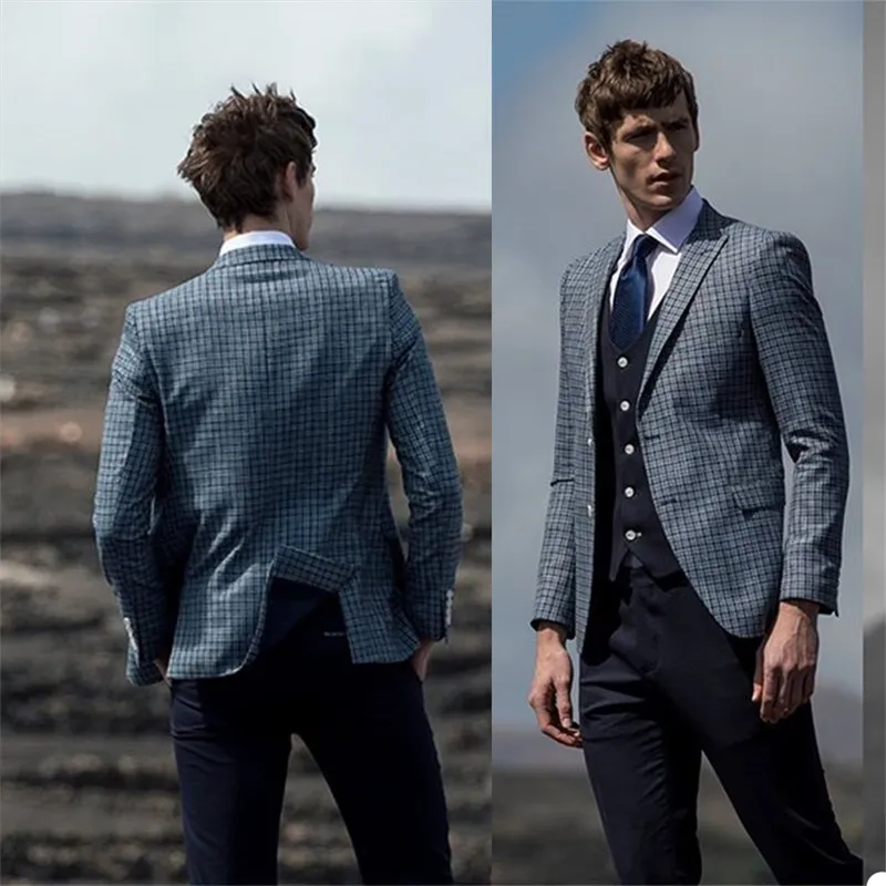 Erkek Takım Elbise Blazers 2021 İngiliz Eğlence Beyefendi Suit 3 Parça İki Düğme (Mavi Ekose Ceket + Siyah Yelek + Siyah Pantolon) Smokin İşletme