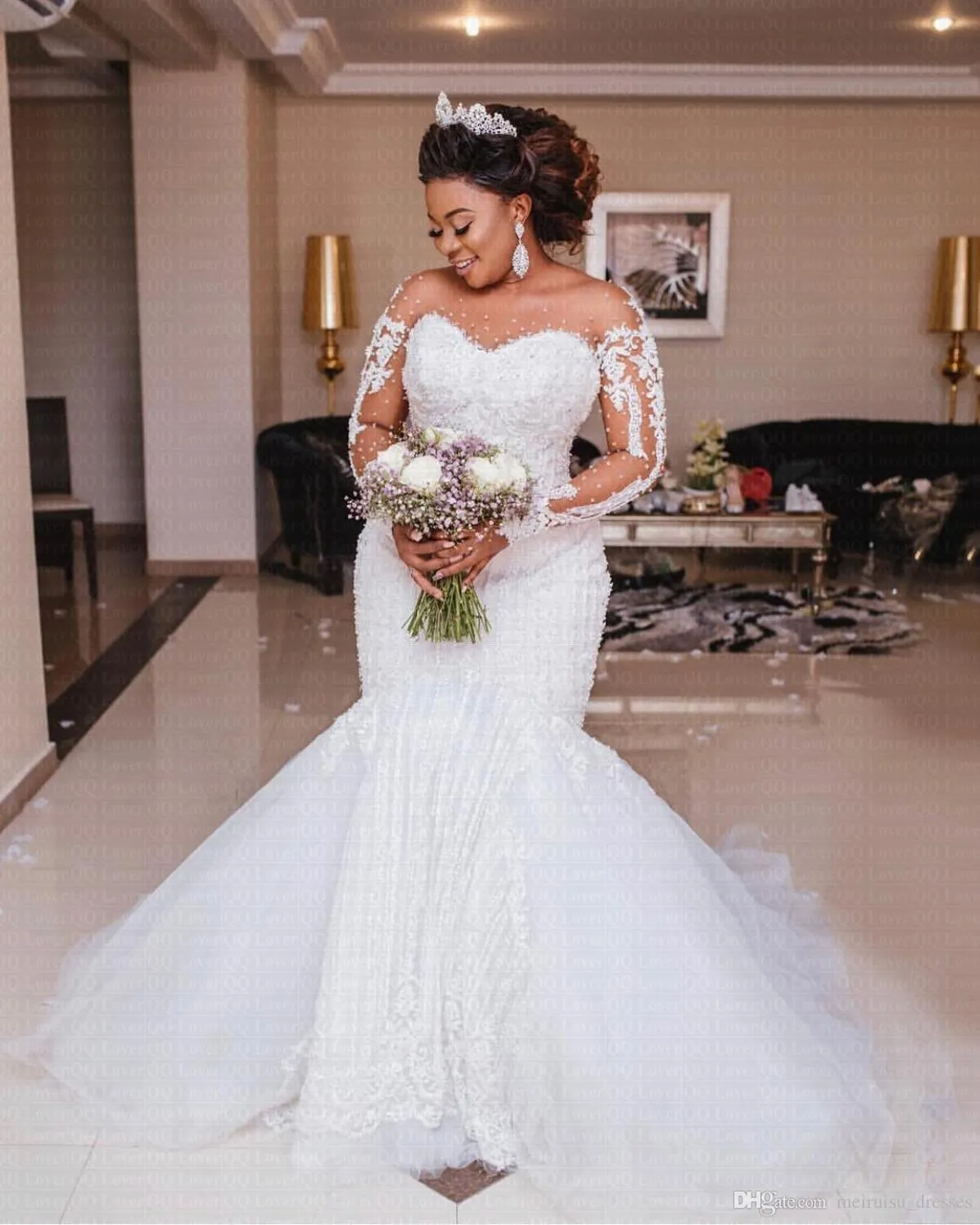 Plus Size Mermaid Bridal Gown with Lace Applique, Long Sleeves, and Sweep Train for Country Weddings
