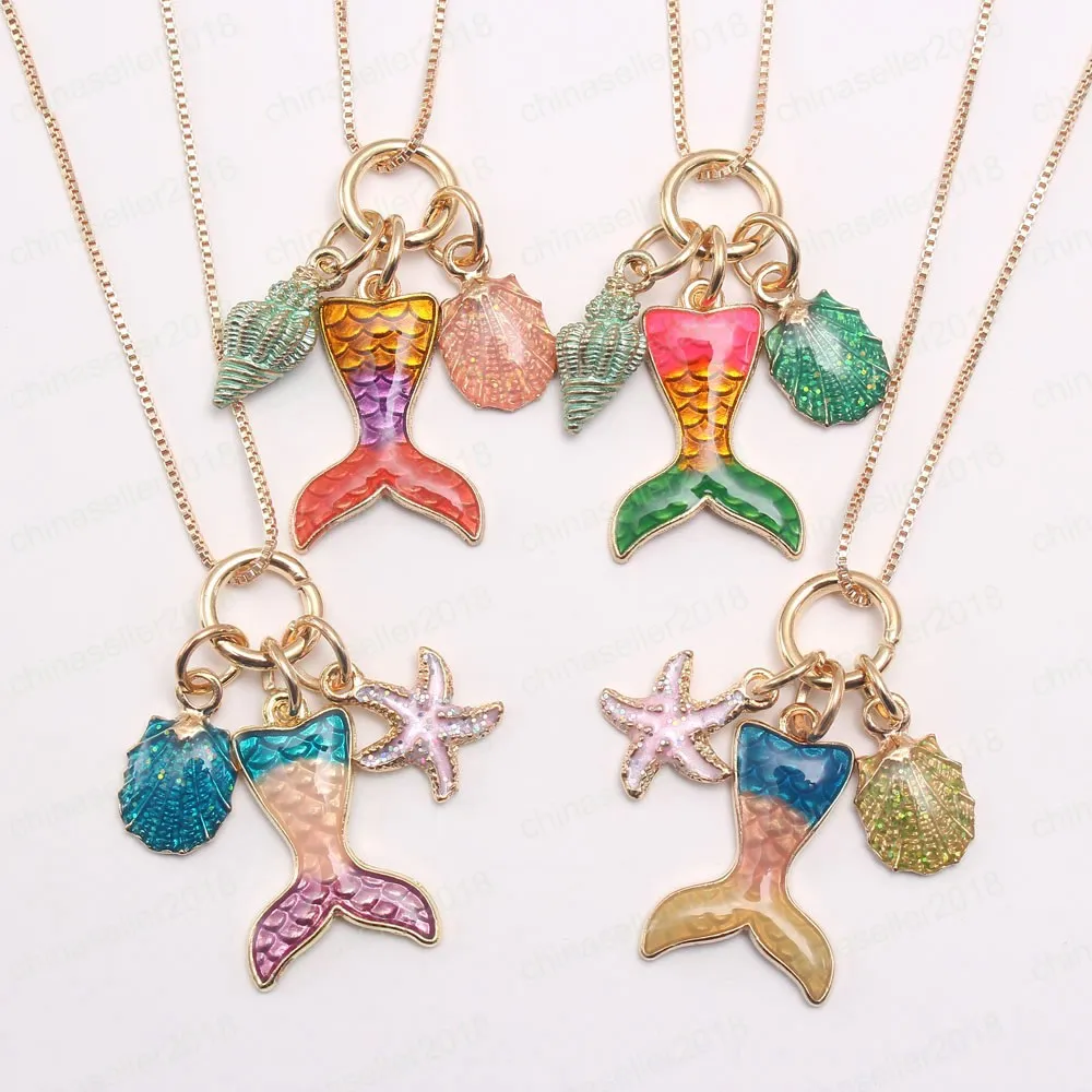 Fashion mermaid tail pendant necklace charm kid gold chain necklace with starfish/shell design for baby girls party gift