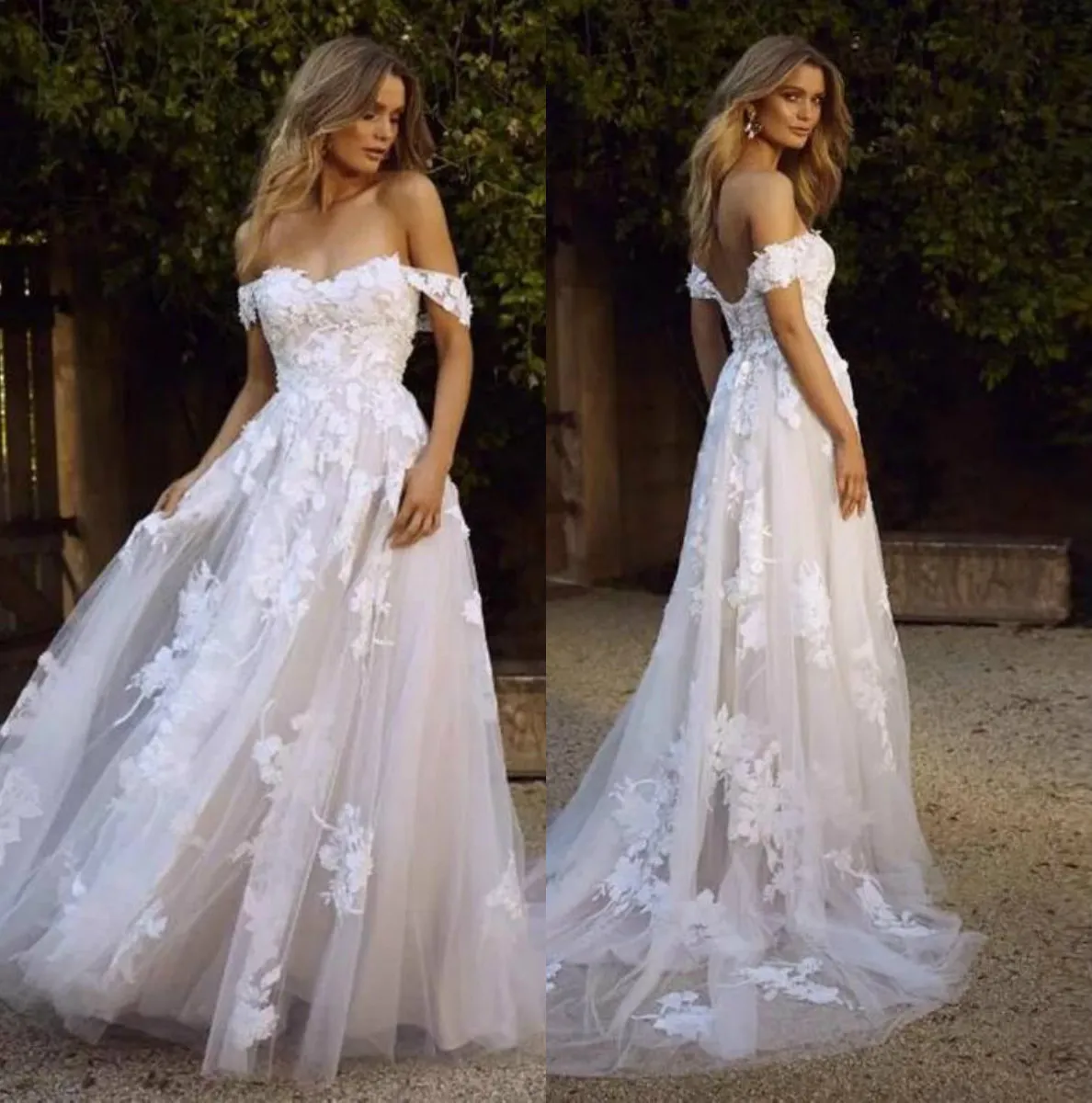 Vintage 2019 robes de mariée blanches hors épaule dentelle robes de mariée appliqué princesse Boho plage robe de mariée pas cher